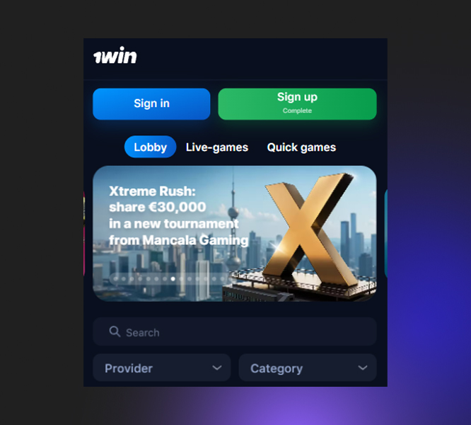 Home page of the 1Win website