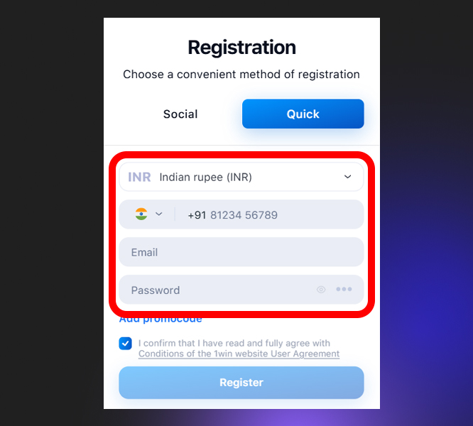 Details for registering an account on 1Win